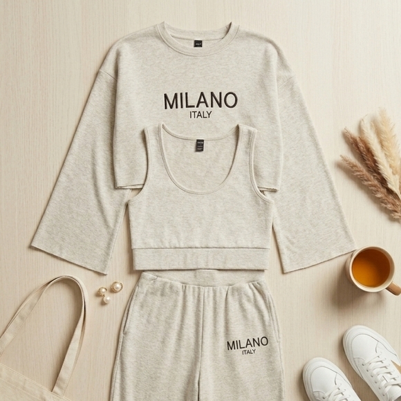 SHEIN Pants - SHEIN XL Milano Italy 3 Piece Loungewear Set Wide Leg Heather Cream